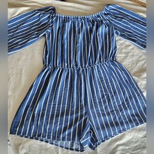Forever 21 Striped Off-Shoulder Romper in Blue and White - 2X